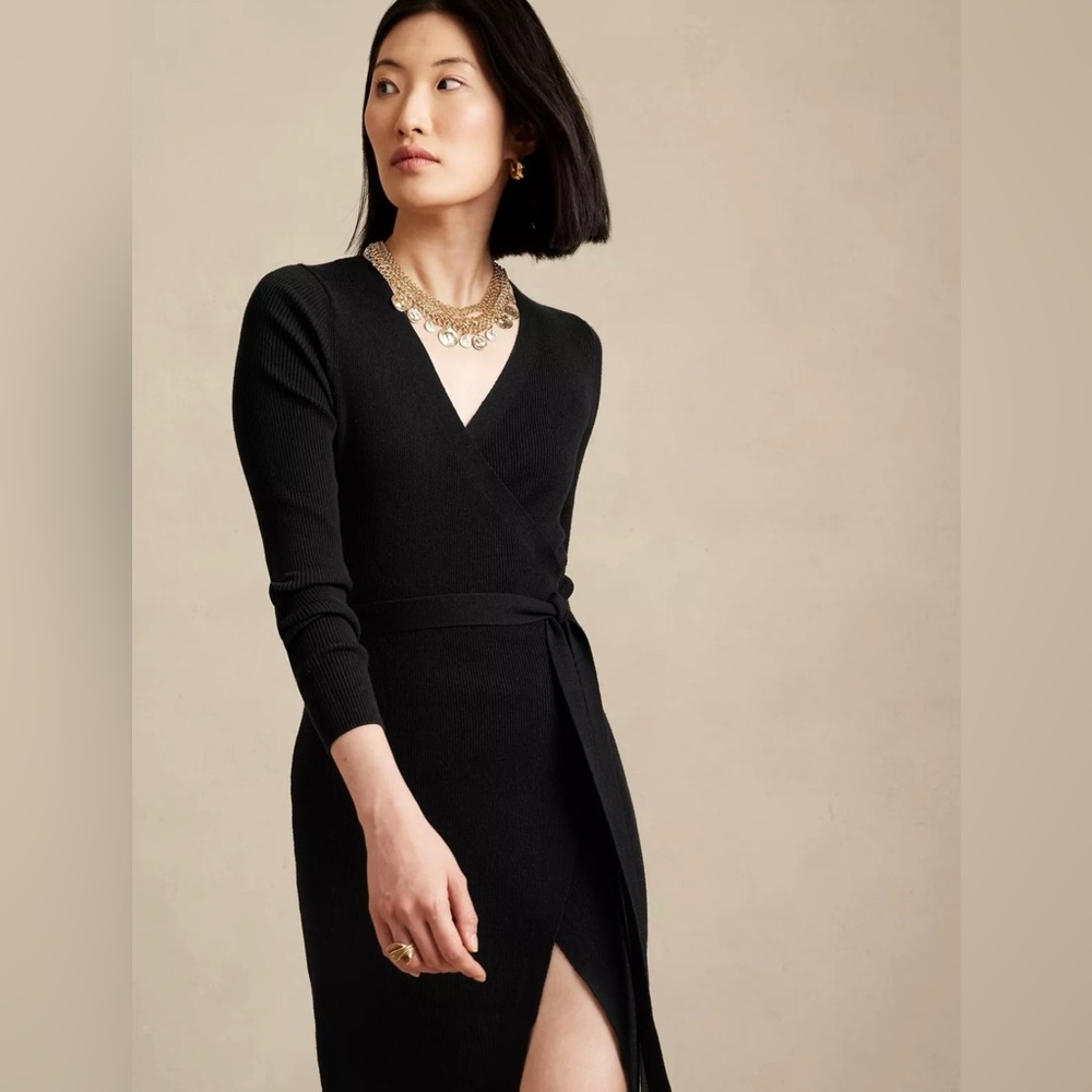 Banana Republic Ribbed Wrap Sweater Dress Size Small Black NWT